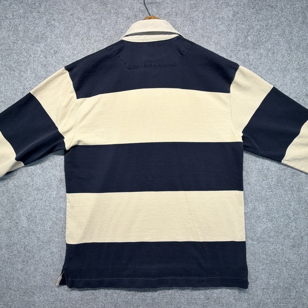 Vintage LL Bean Rugby Shirt Mens Medium Navy Blue Cream Striped Long Sleeve - Picture 7 of 7